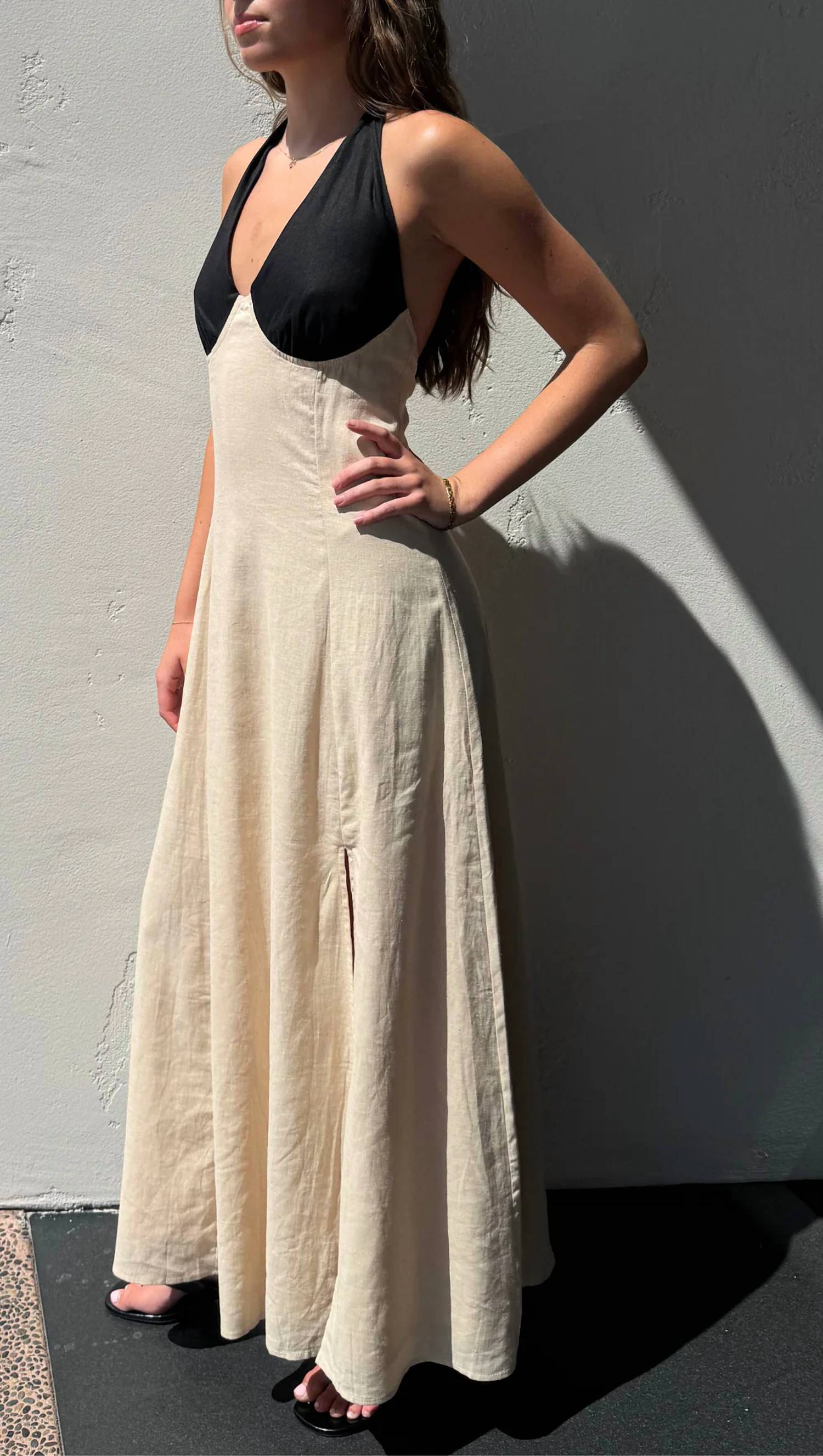 Beige Botany - Linen Color Block Halter Dress