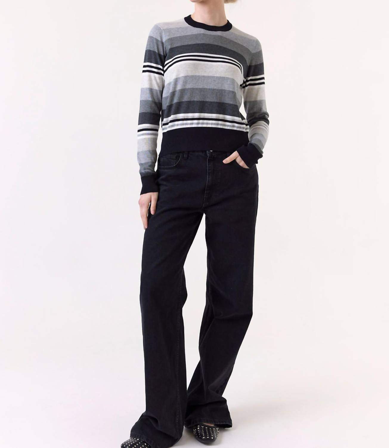 Wispr Ivy Stripe Crew Neck Sweater in black grey - women's sweater - detail view