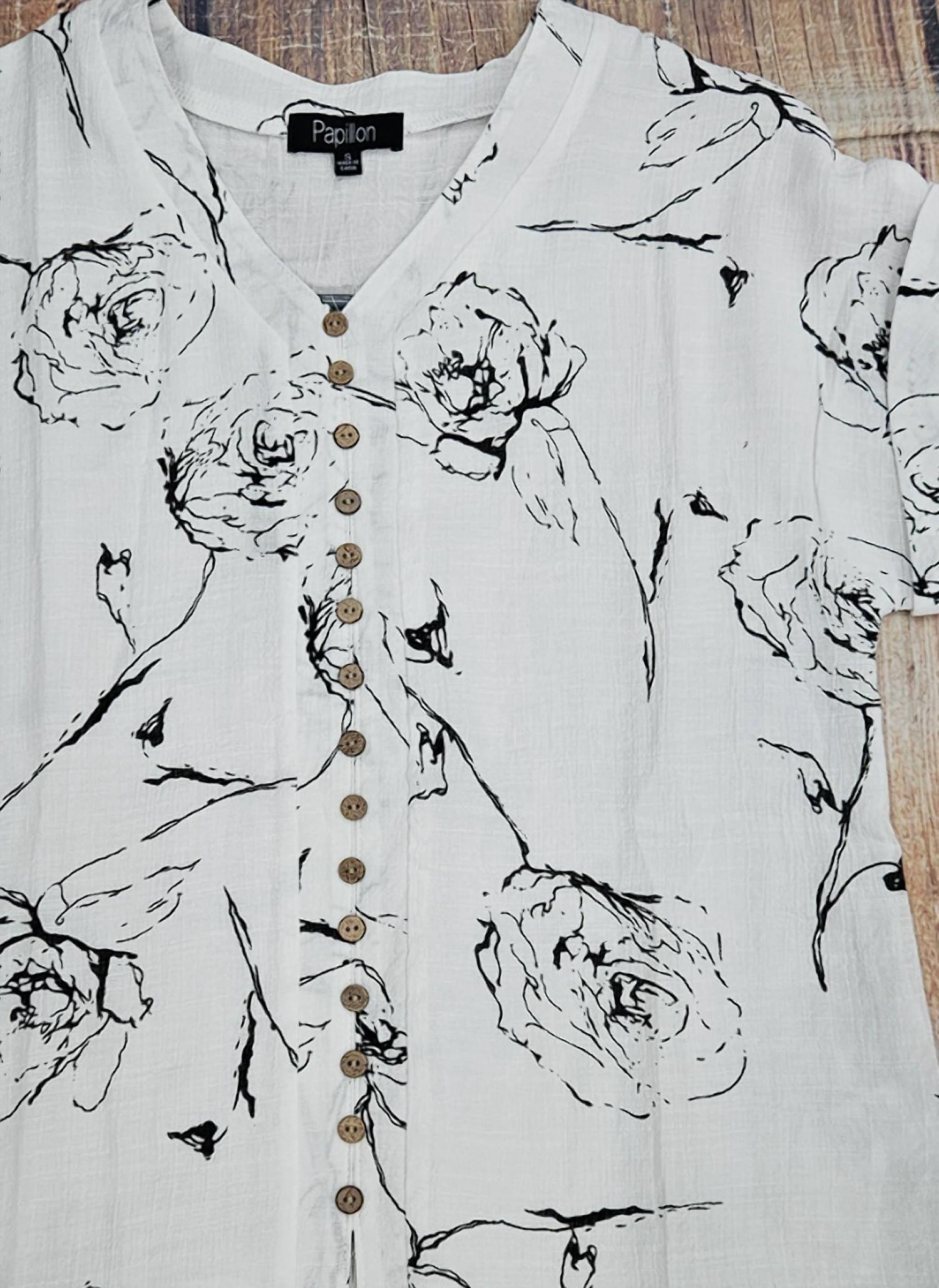 Papillon Women's Short Sleeve Floral Button Front Top in white - women's blouse - detail view