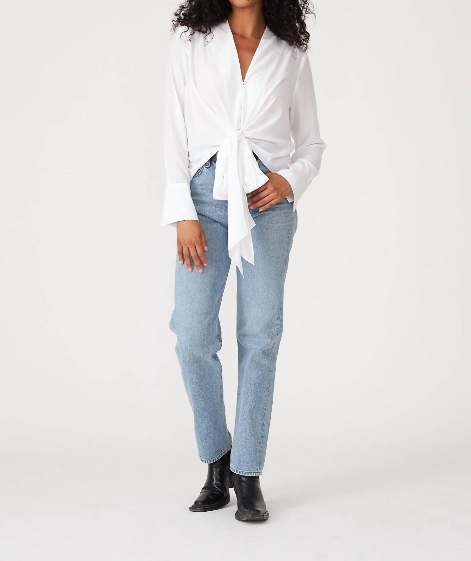 Lovestitch - Long Sleeve V Neck Tie Front Blouse