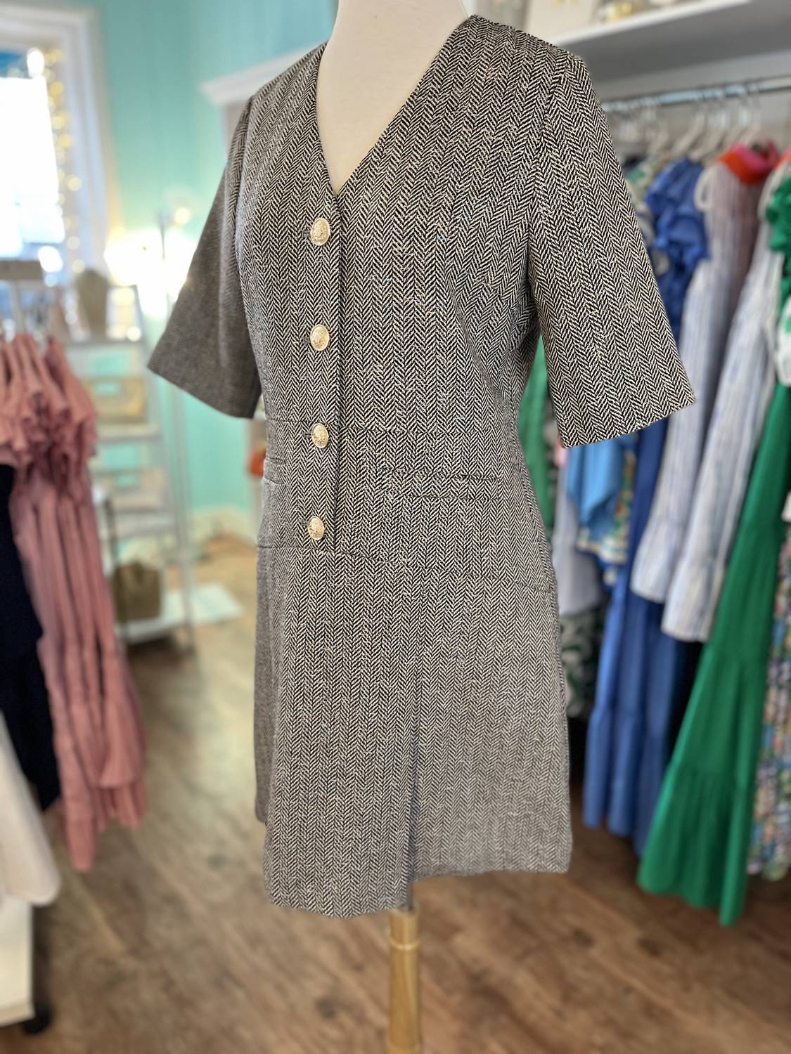 Boho Chic Women's Tweed blend dress with front pleat detail in grey multi - women's dress - alternate view