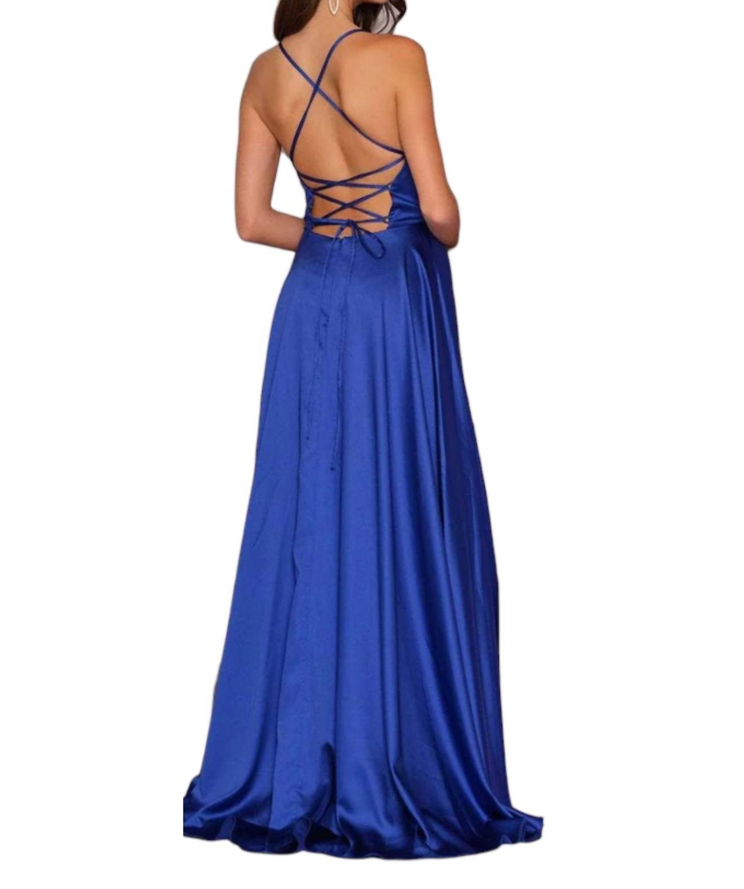 Dave & Johnny Lace-up Back Faux Wrap A Line Prom Dress in royal - women's dress - detail view