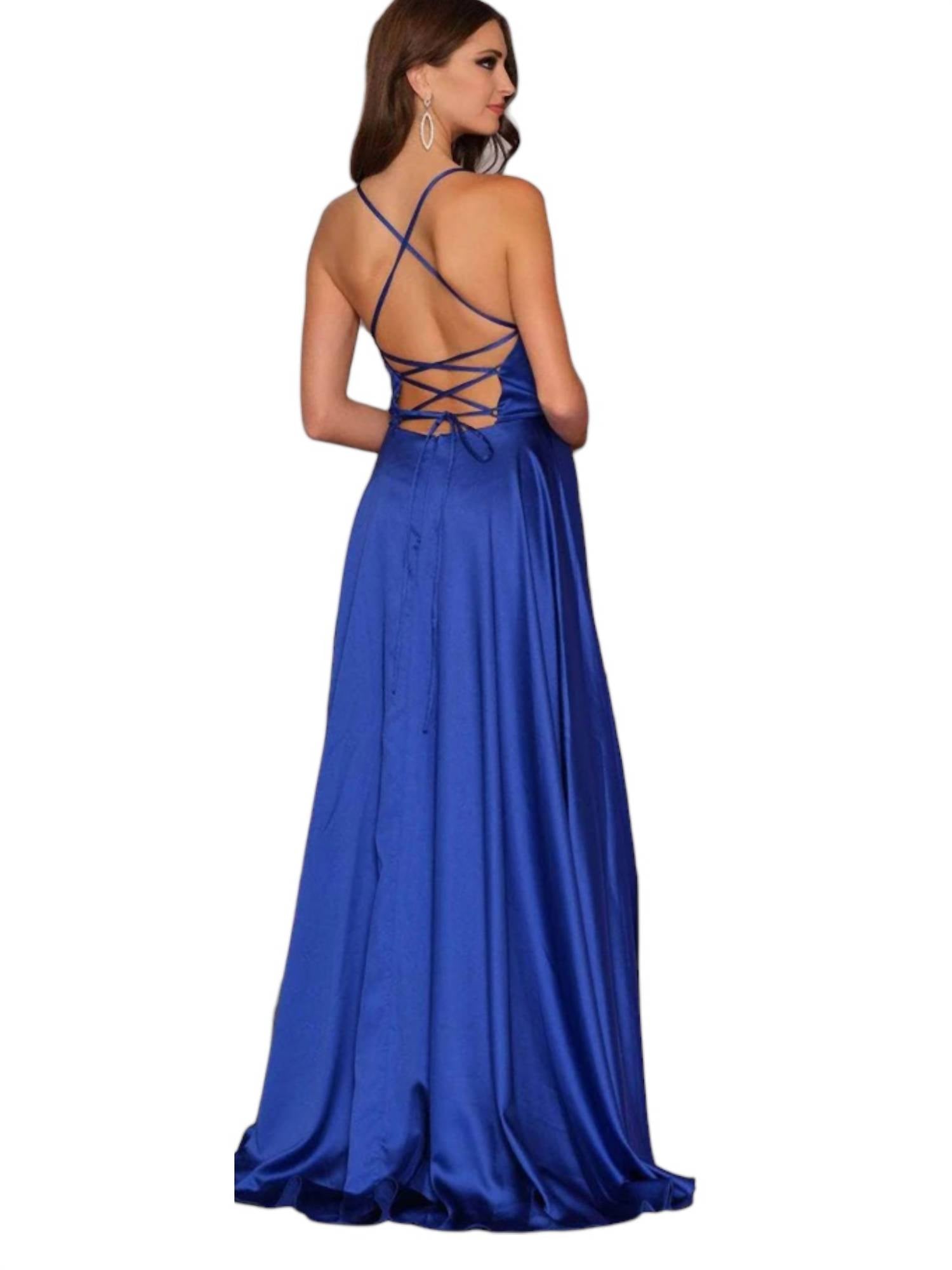 Dave & Johnny Lace-up Back Faux Wrap A Line Prom Dress in royal - women's dress - alternate view