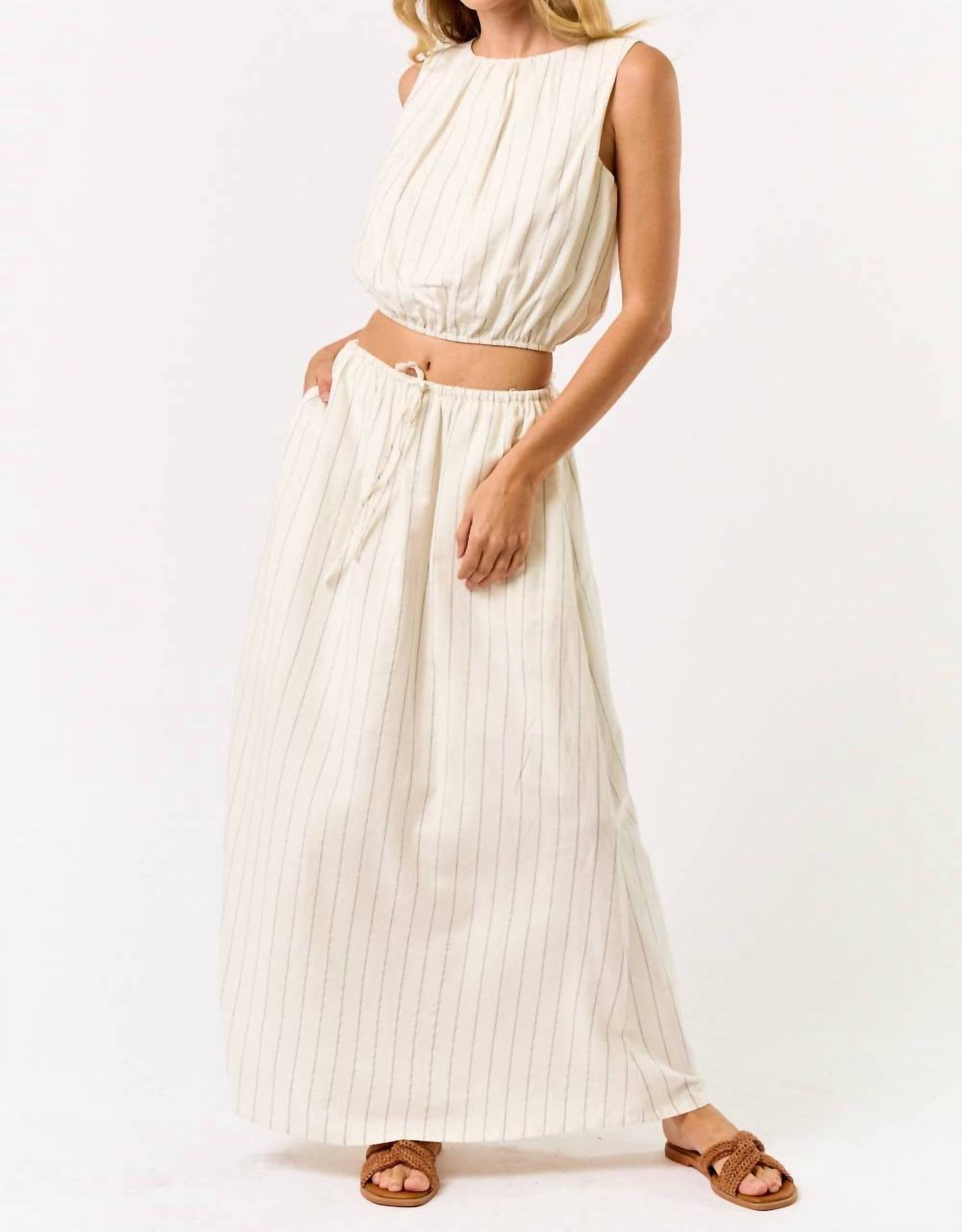 Lalavon - Stripe Cropped Bubble Top & Maxi Skirt Set