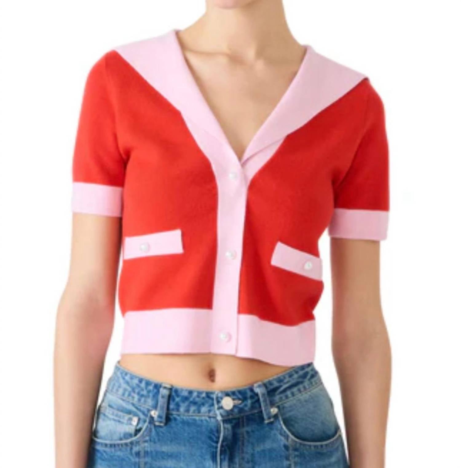 STEVE MADDEN Aden Short Sleeve V-neck Sweater in red - women's sweater