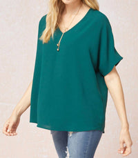 entro Solid V-neck Top in hunter green - women's blouse - alternate view