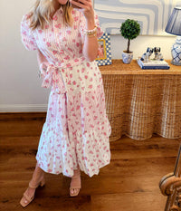 Peach Love - Bunches Of Flowers Block Print Midi Dress