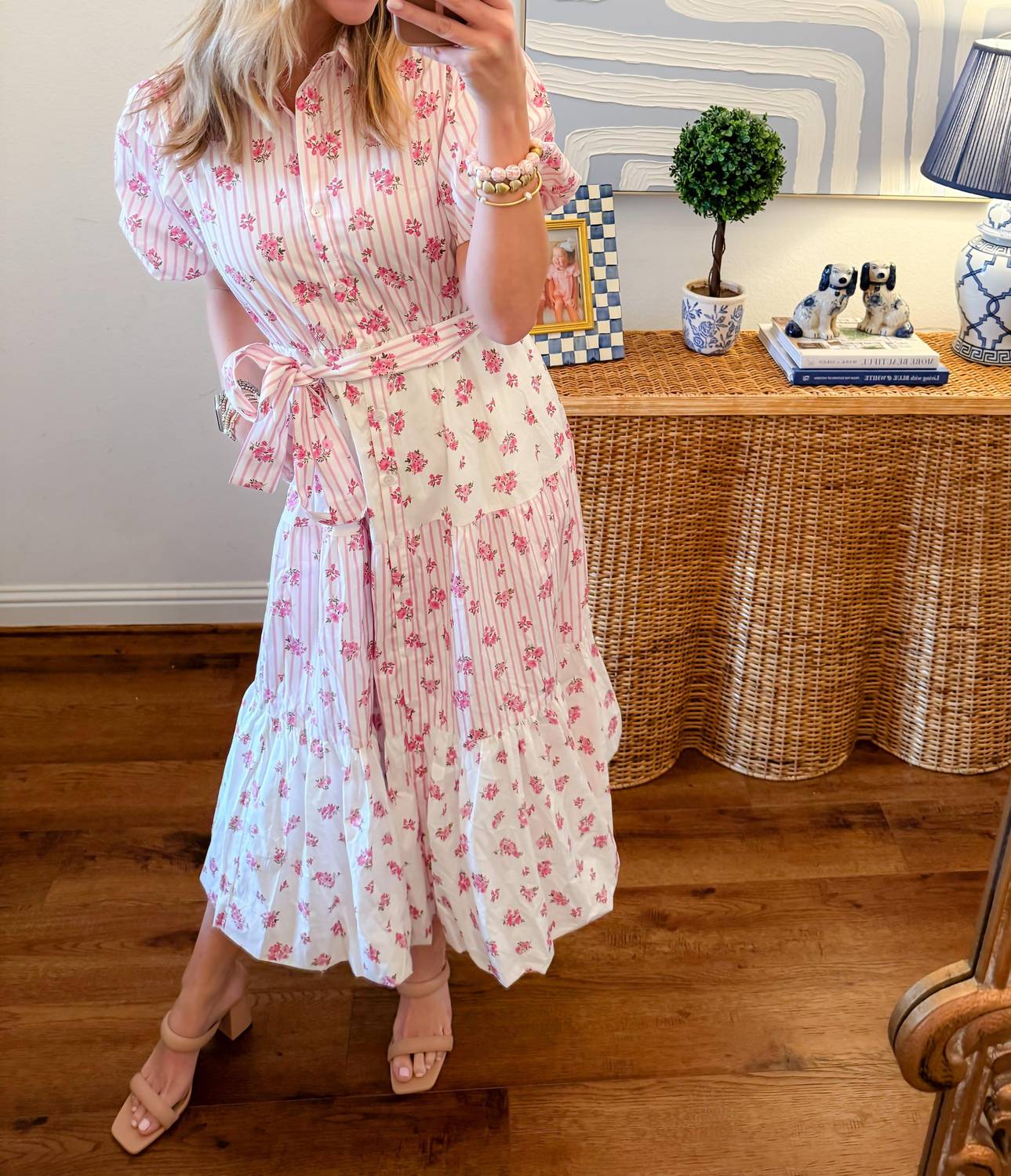 Peach Love - Bunches Of Flowers Block Print Midi Dress
