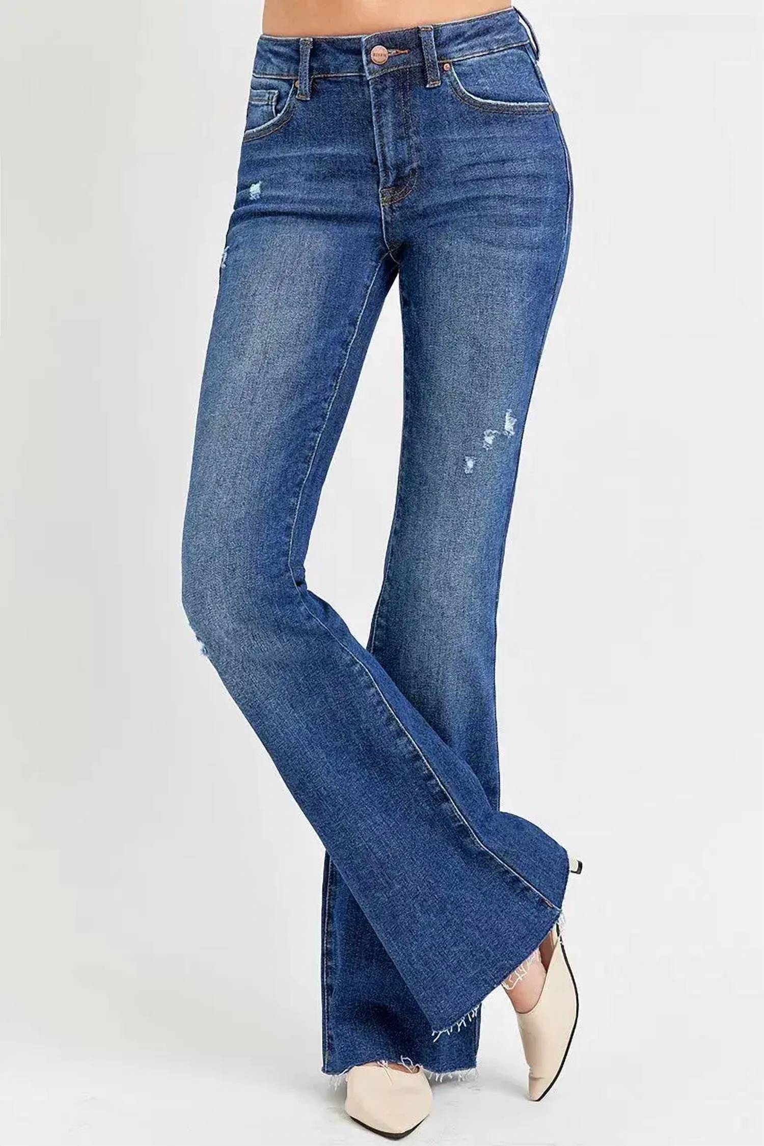 Risen - Distressed Mid Rise Flare Jeans