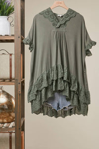 Mello Women's Eyelet Lace Layered Oversized Hooded Top in dusty olive - women's shirt