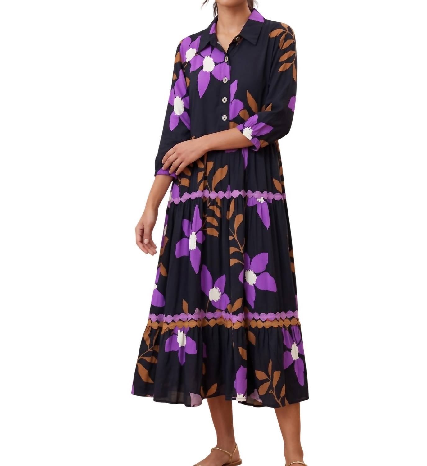 Uncle Frank 3/4 Sleeve Midi Dress in black purple - women's dress