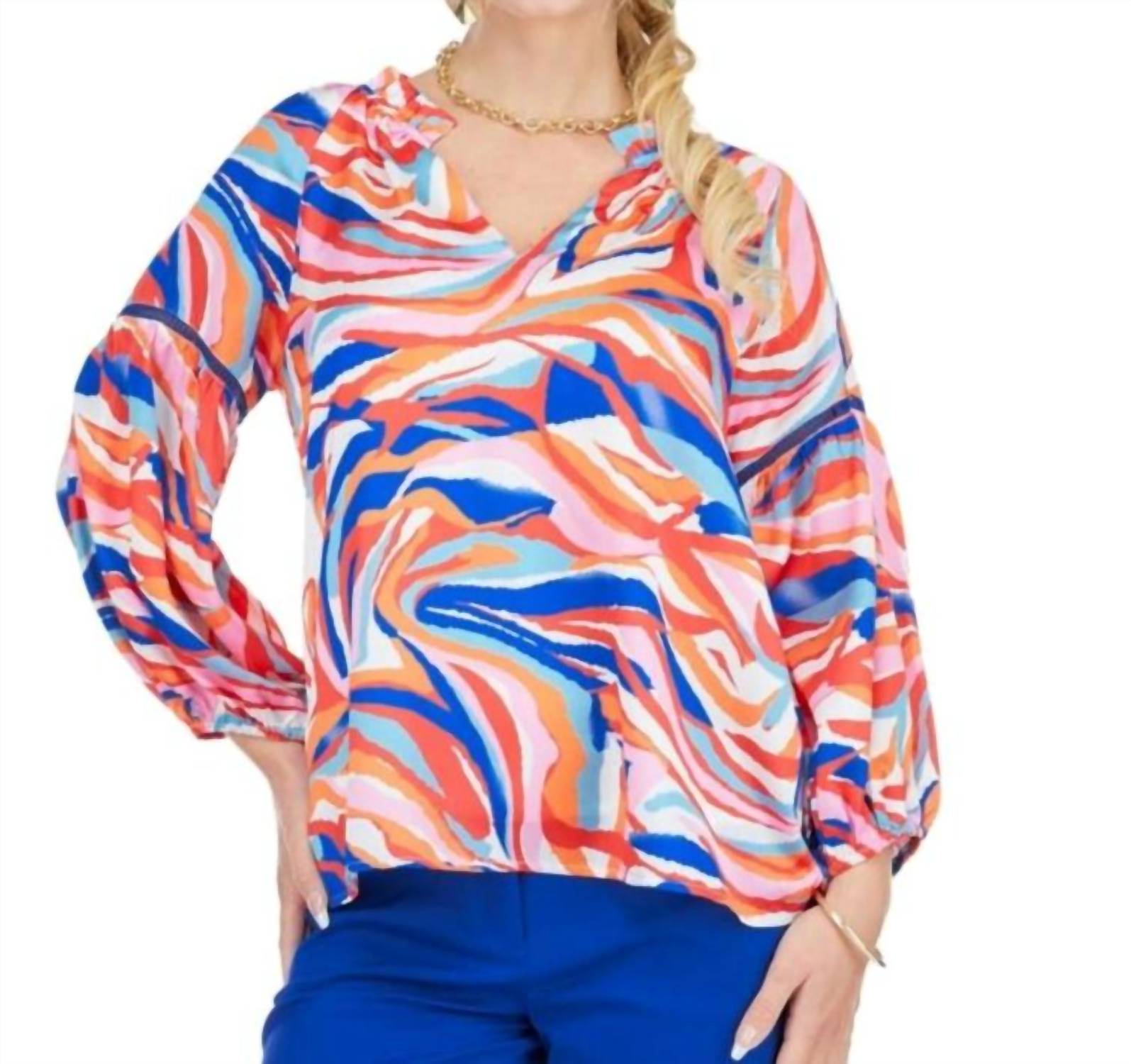 Jade Trimmed Peasant Top in cosw color swirl - women's blouse