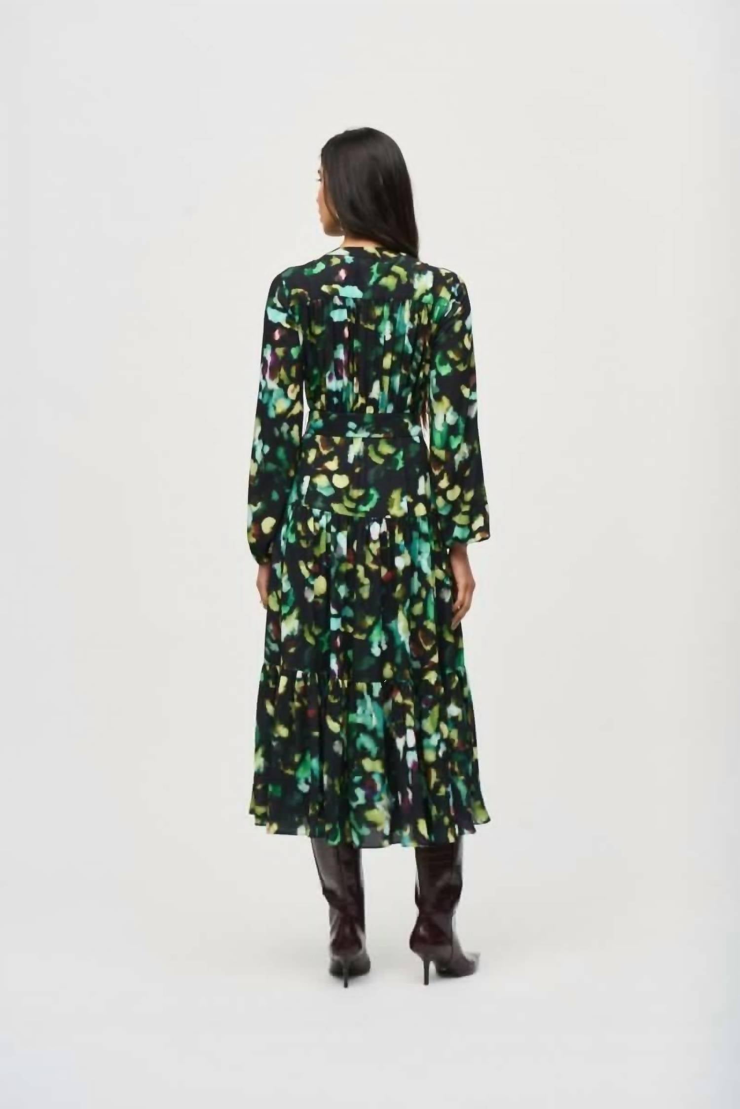 Joseph Ribkoff - Abstract Camo Belted A-line Midi Dress