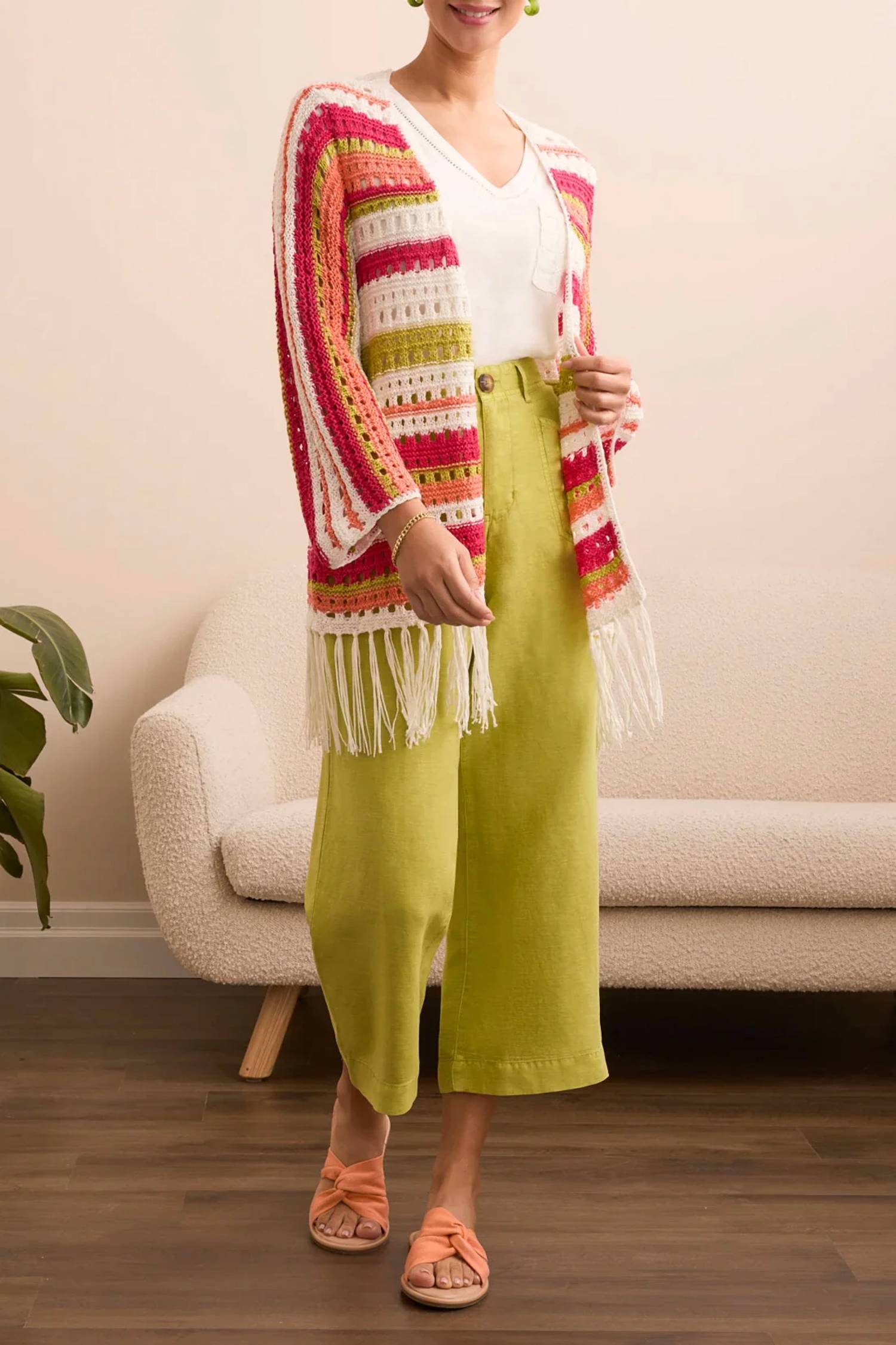 Tribal - Tae Three Quarter Sleeve Open Front Crochet Sweater Wth Fringe