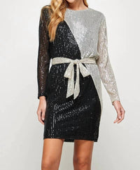 See And Be Seen - Sequins Color Blocked Long Sleeve Dress