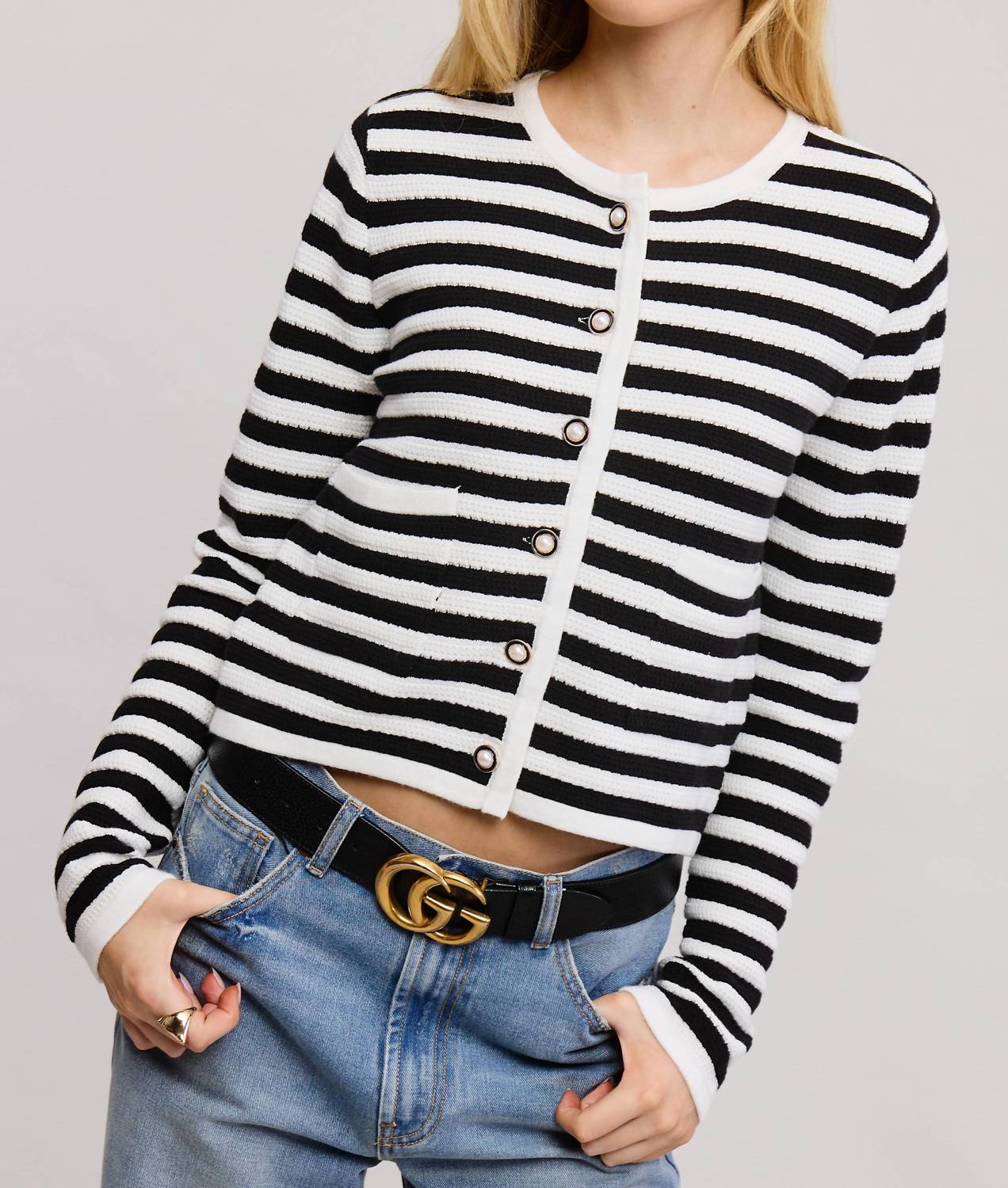 Mimosa - Pearl Embellishment Striped Cardigan