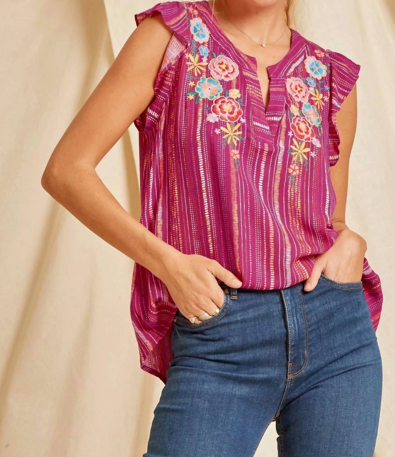 Andree By Unit - Flutter Sleeve Embroidered Top