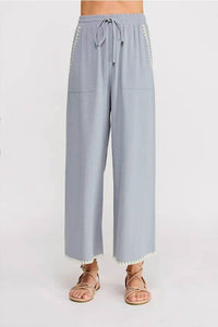Allie Rose - Embroidered Soft Linen Elastic Waist Ankle Pants