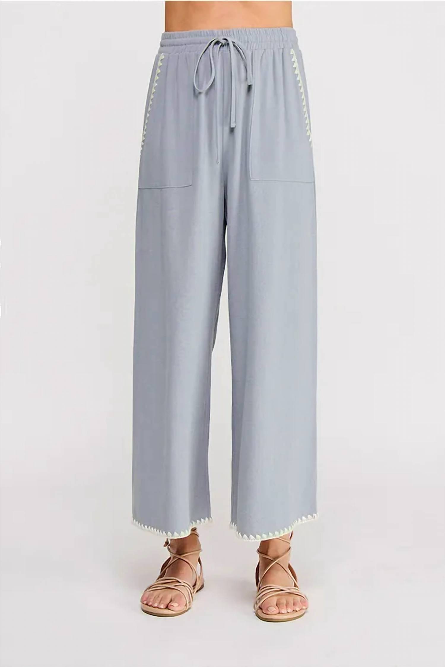 Allie Rose - Embroidered Soft Linen Elastic Waist Ankle Pants