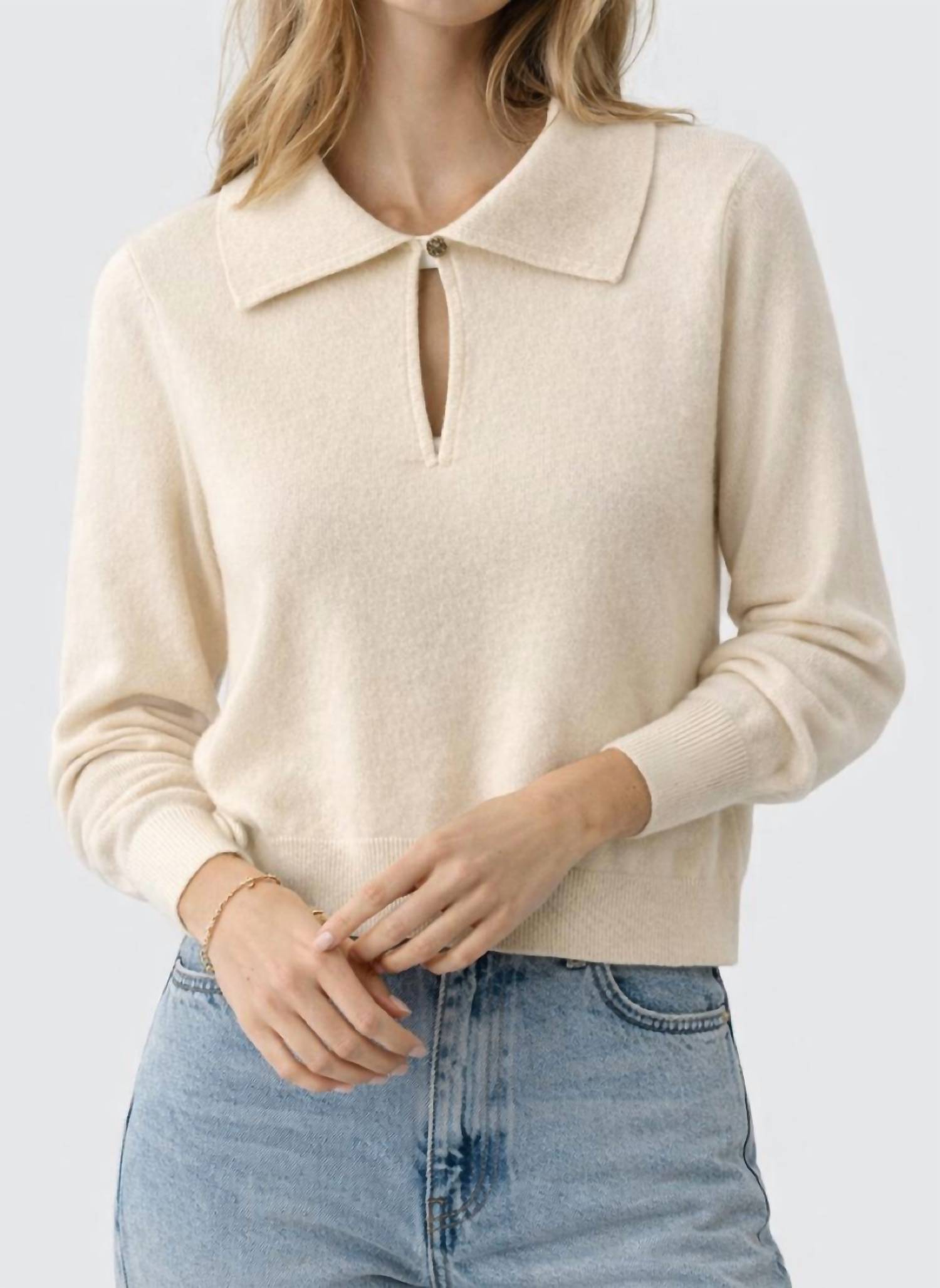 White + Warren Cashmere Keyhole Polo Top in soft white - women's long sleeve top