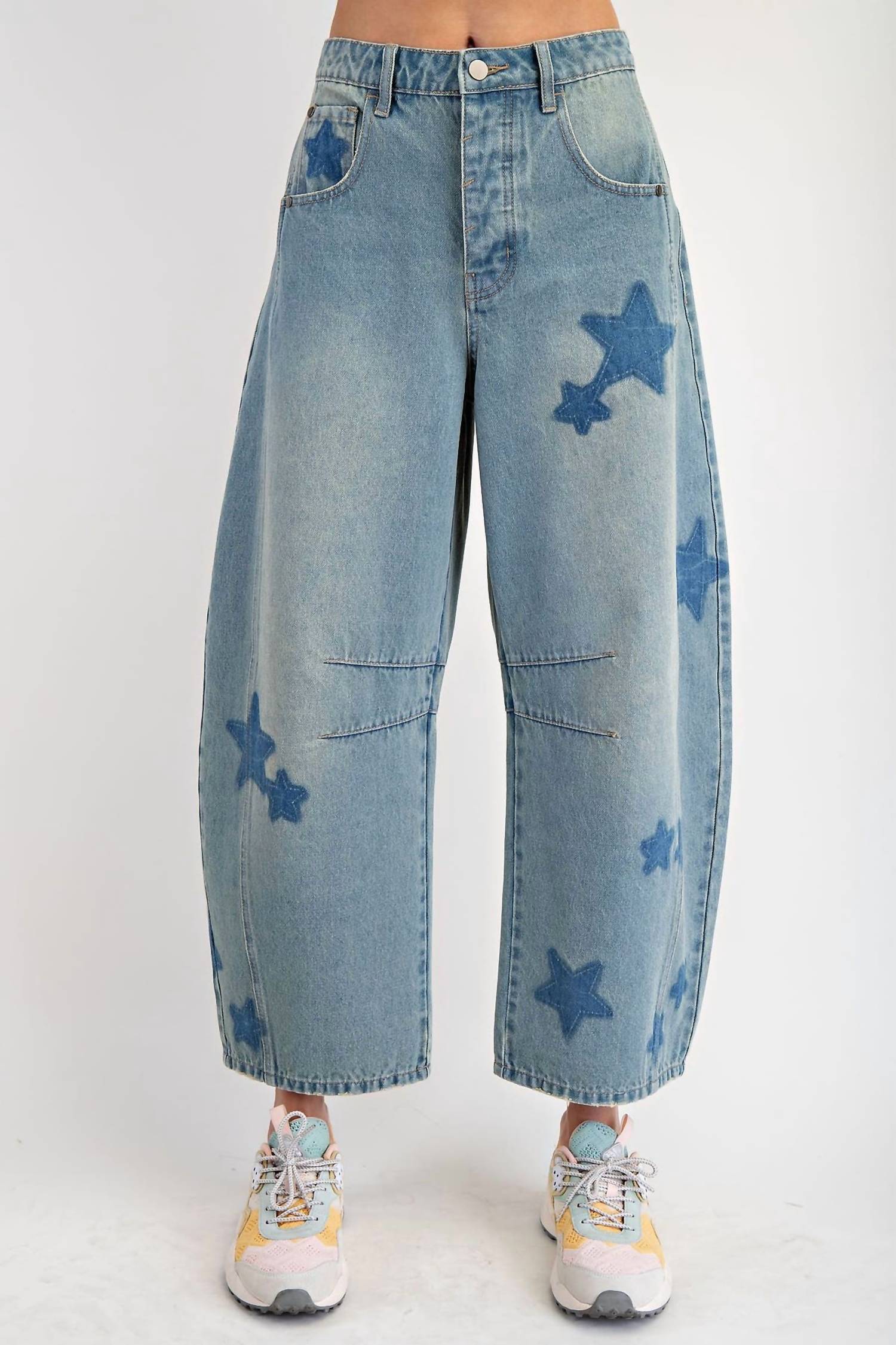 Easel - Starstruck Patchwork Barrel Jeans