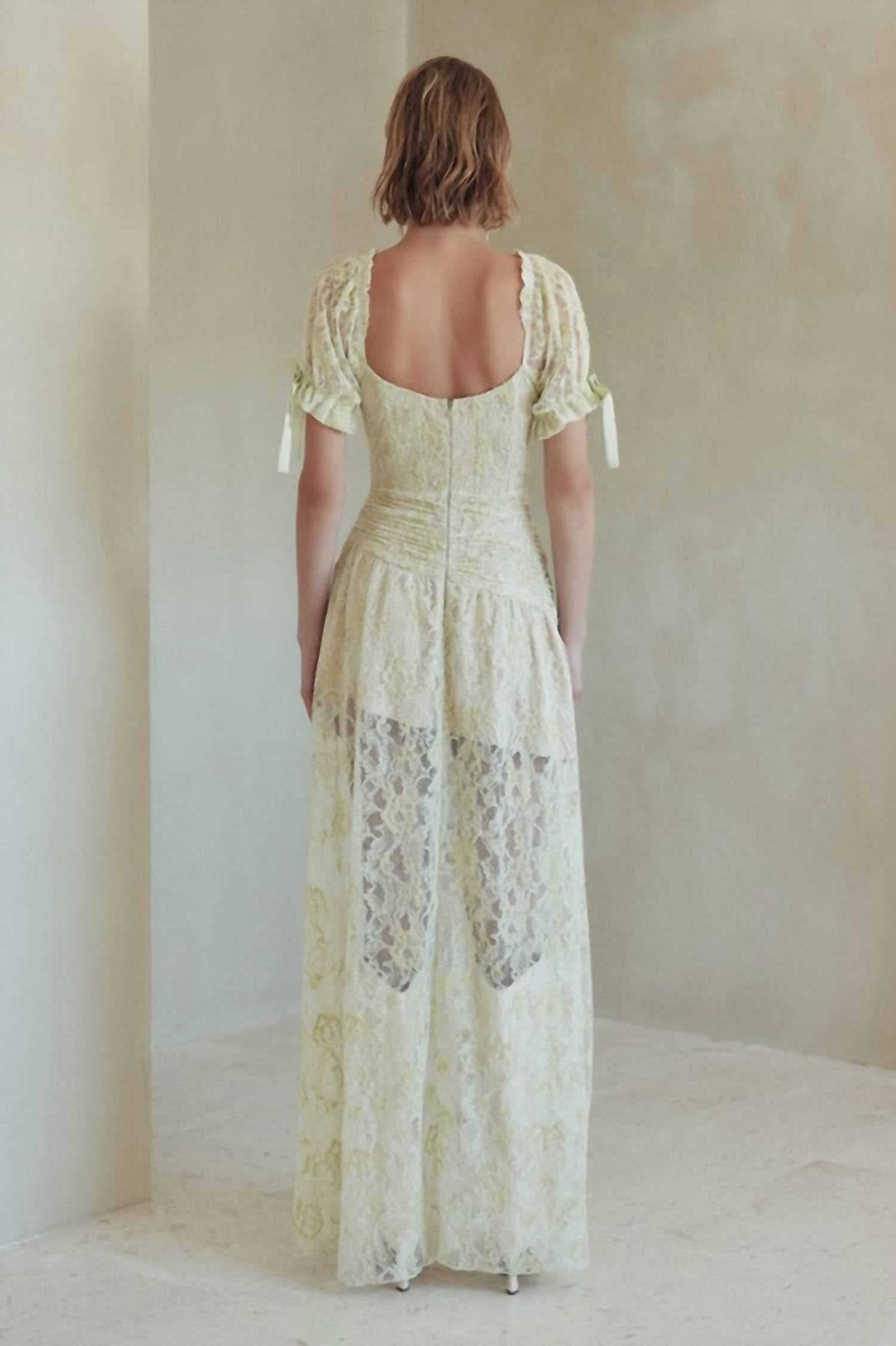 Fore Collection Winter Romance Lace Asymmetrical Maxi Dress in green cream - women's dress - alternate view