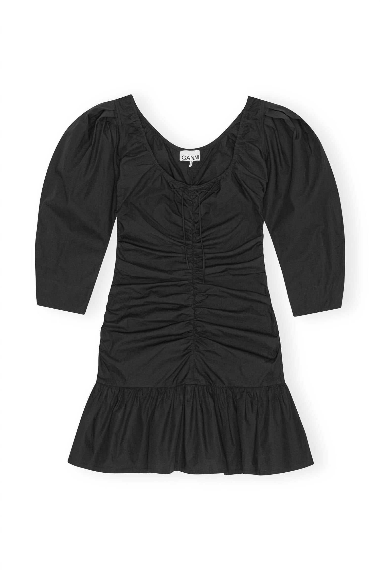 Ganni - Cotton Poplin Gathered U-neck Mini Dress