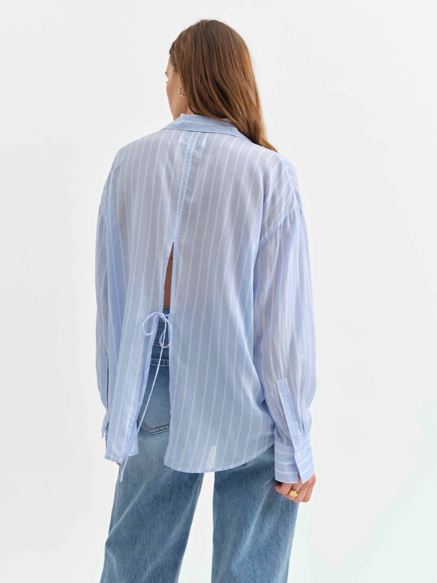 DAZE Lotus Back Tie Long Sleeve Shirt in castle stripe 1 - women's shirt - alternate view