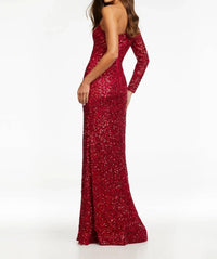 ASHLEYlauren One Shoulder Fully Hand Beaded Prom Gown in red - women's dress - detail view