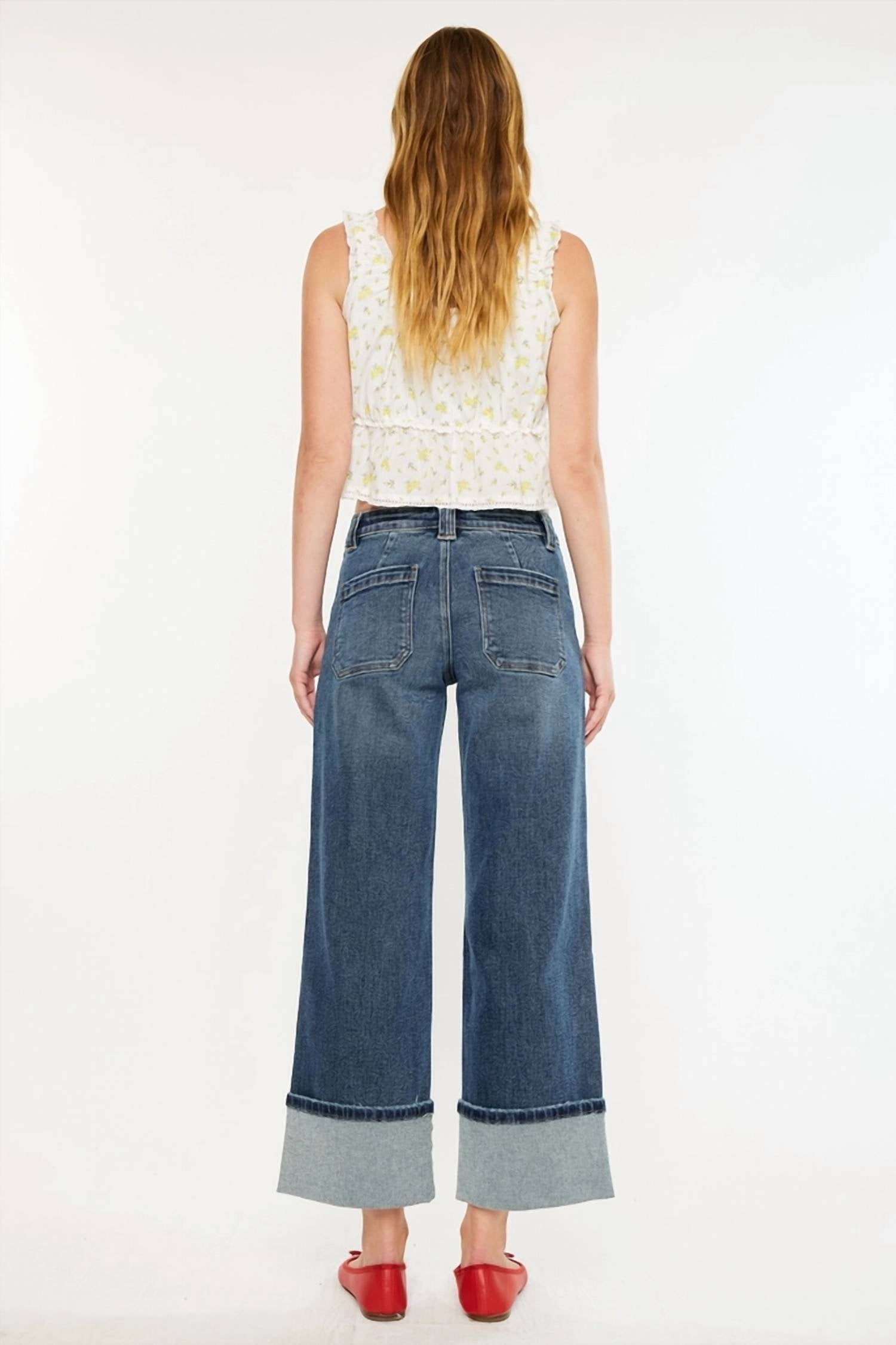 Kancan - Mid Rise Wide Leg Cuffed Jeans