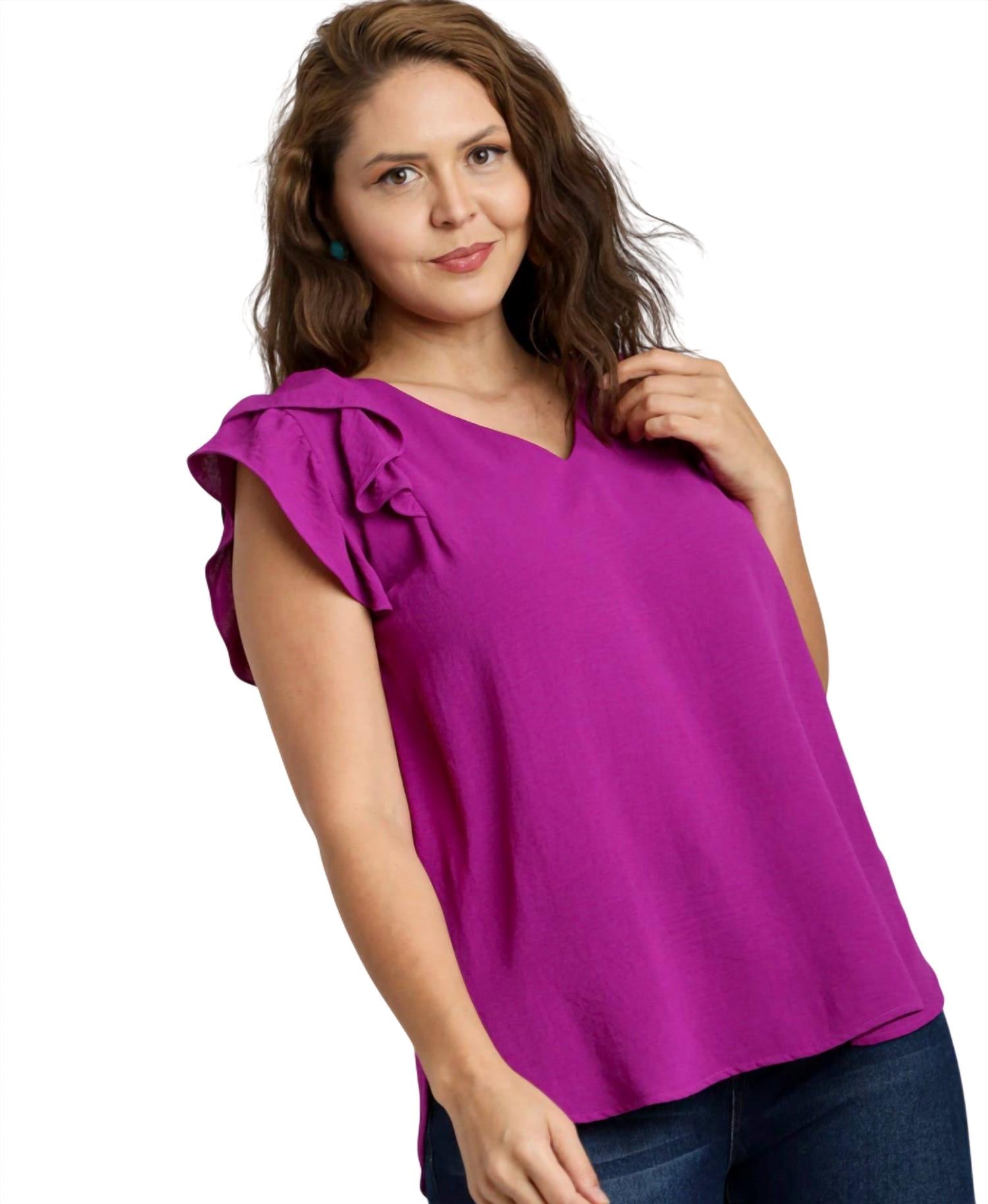Vanilla Monkey - V-neck Double Layered Flutter Sleeve Blouse - Plus