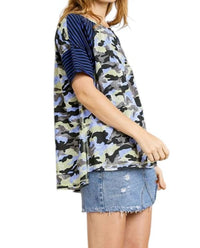 umgee Camo And Striped Top in blue cocoa - women's t-shirt - alternate view