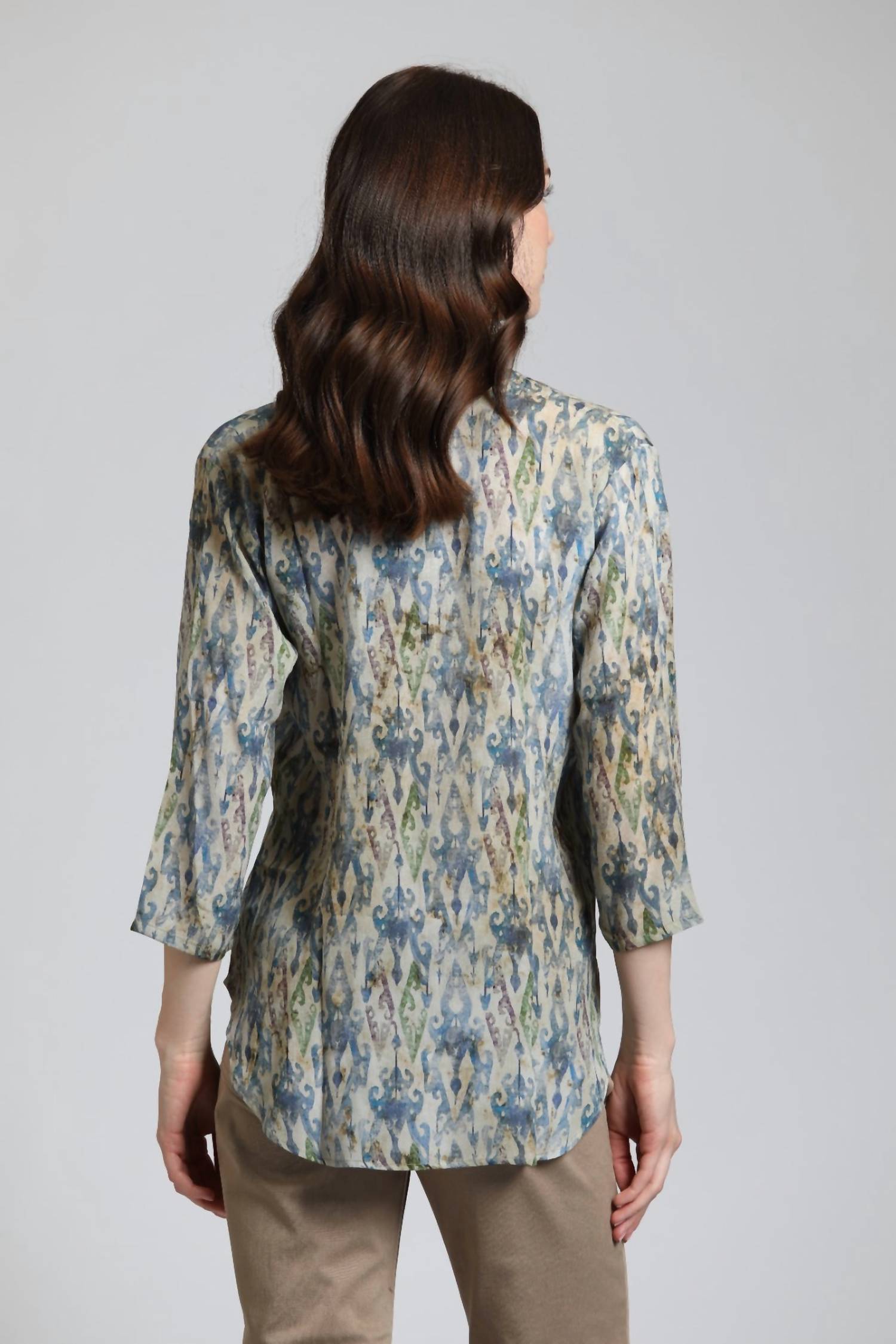 Apny - Ikat Print Quarter Sleeve Mandarin Collar Button Up Blouse