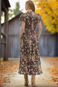 entro Floral Puff Sleeve Midi Dress in chocolate - women's dress - detail view