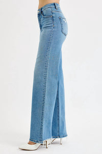 RISEN Tummy Control High Rise Distress Jeans in light to med wash - women's jeans - detail view