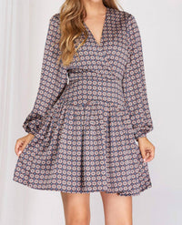SHE + SKY Sammi Long Sleeve Diamond Print Dress in blue - women's dress