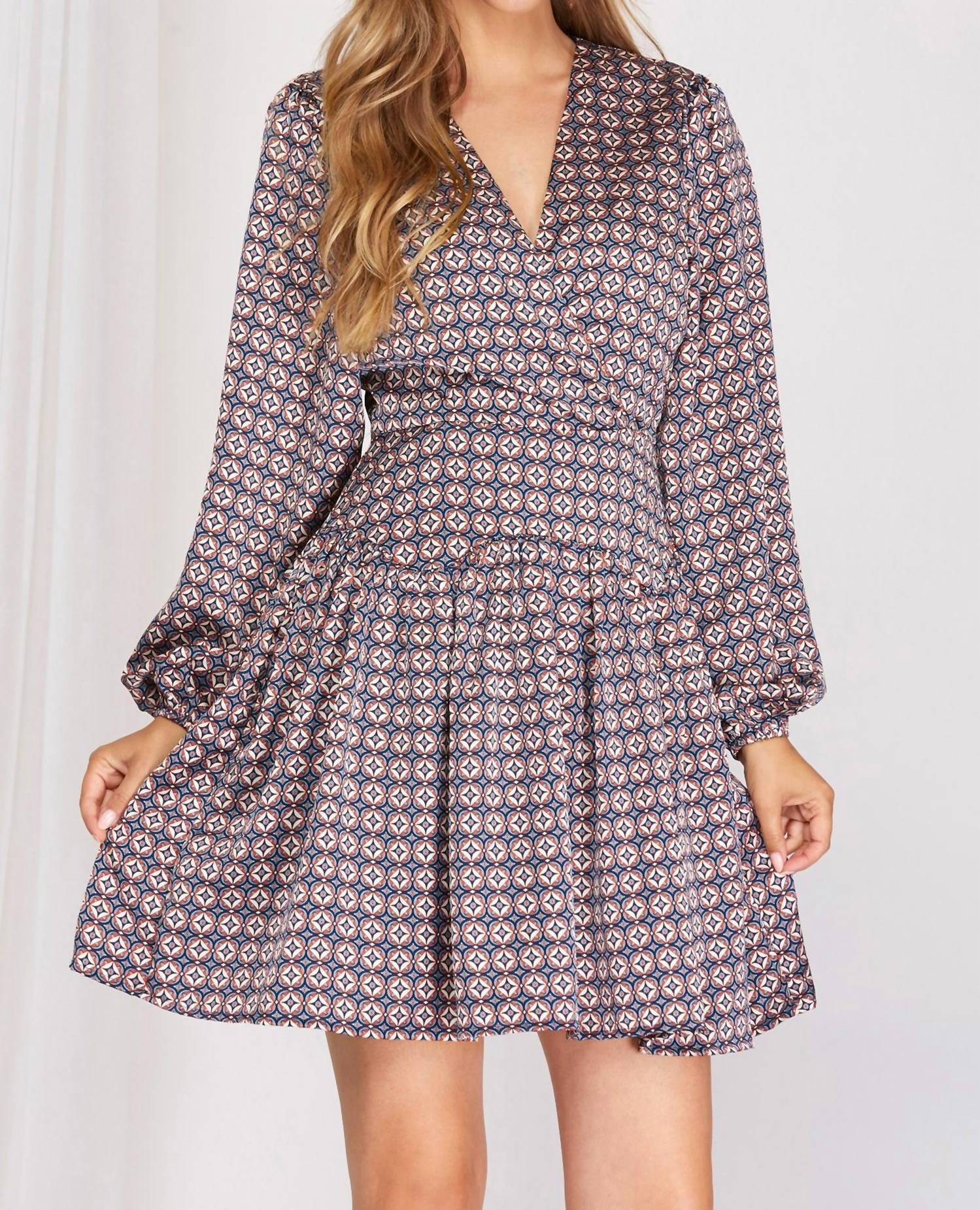 SHE + SKY Sammi Long Sleeve Diamond Print Dress in blue - women's dress