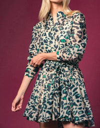 THE SHIRT Jenica Mini Dress in green leopard - women's dress - detail view