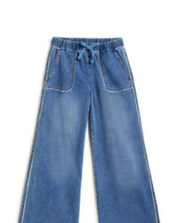 tractr Girl's Cozy Drawstring Wide Leg With Fray Hem Jeans in medium indigo - kids' jeans - detail view