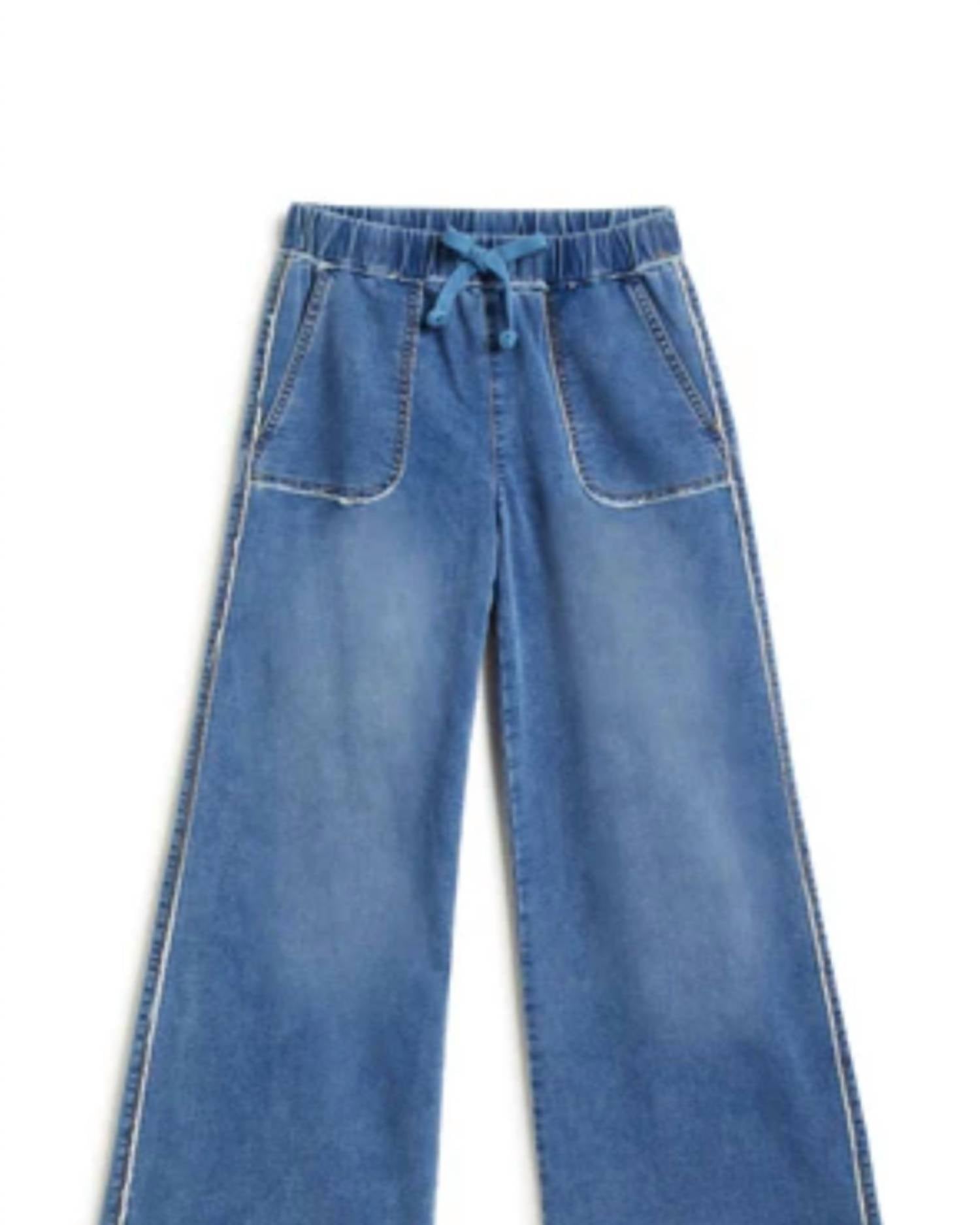 tractr Girl's Cozy Drawstring Wide Leg With Fray Hem Jeans in medium indigo - kids' jeans - detail view