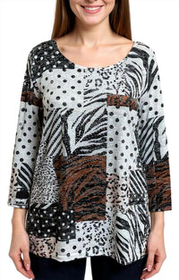 Lady Liberty Fashion Polka Dot Print 3/4 Sleeve Tee Top in animal - women's long sleeve top