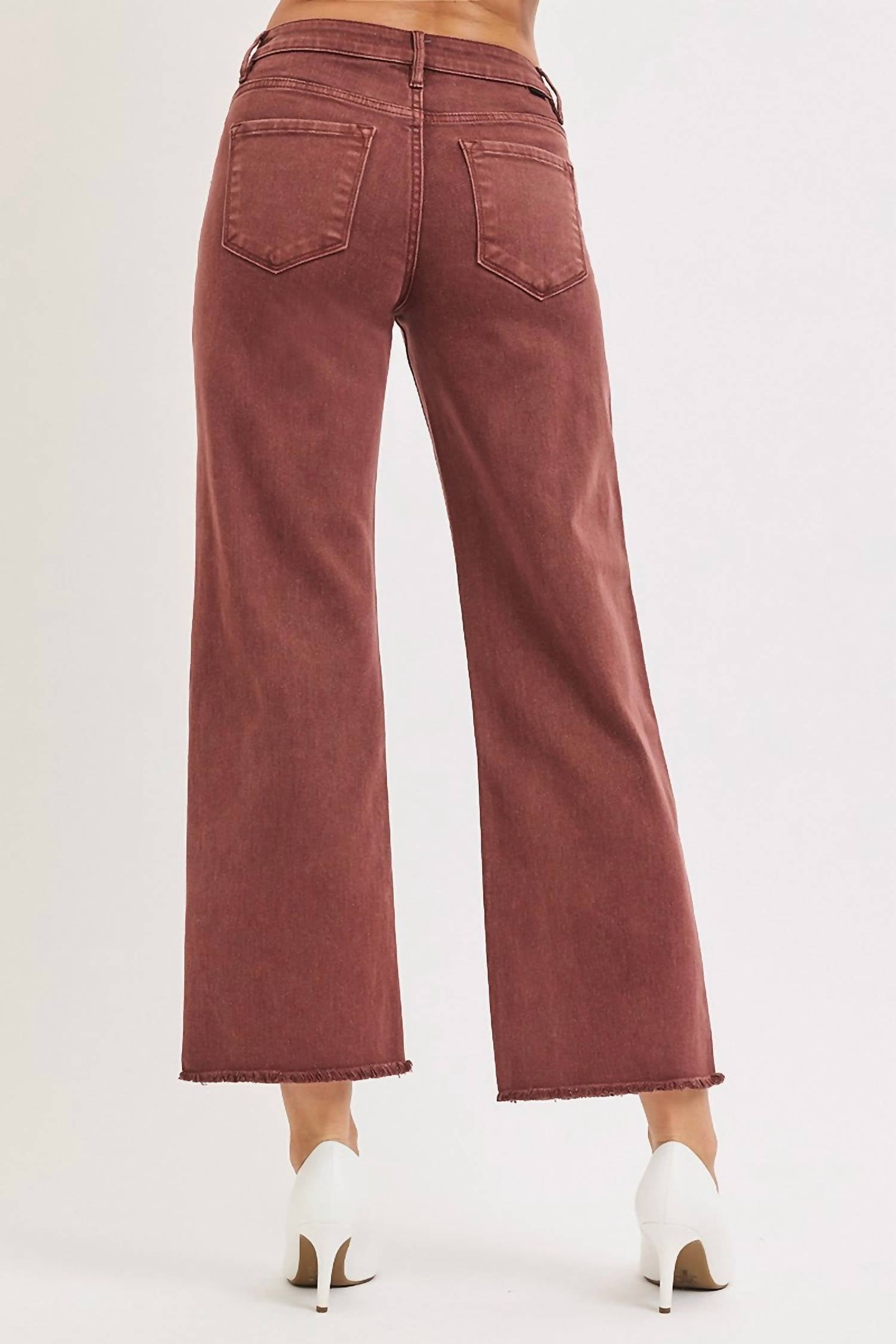 RISEN Mid Rise Ankle Wide Leg Pants in lurex chocolate - women's pants - detail view