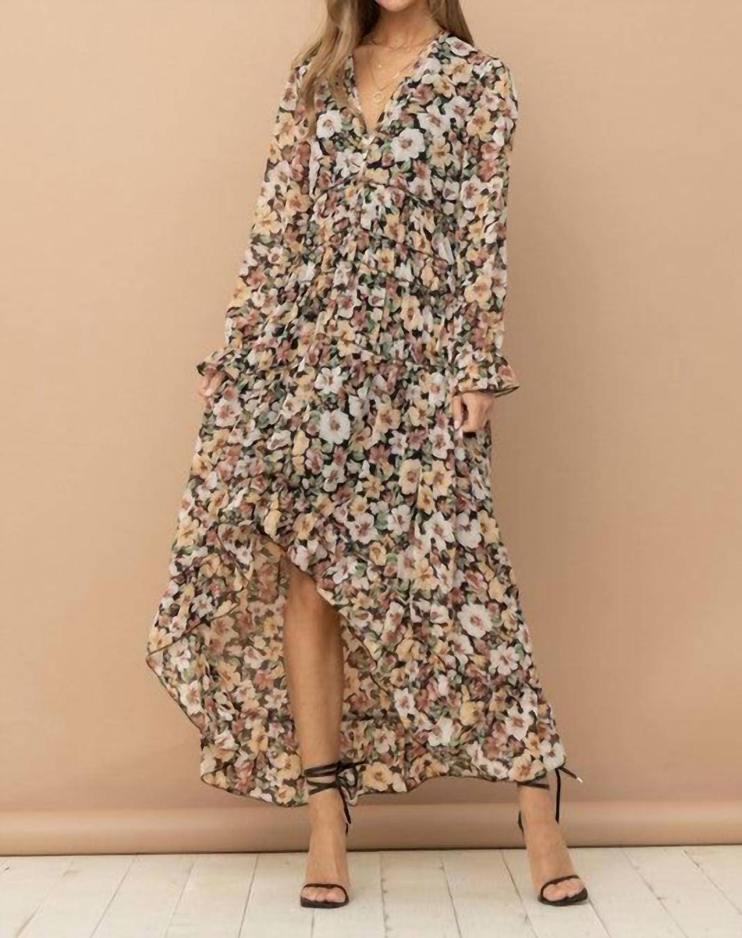 Blue B Floral Print Chiffon Tiered Maxi Dress in black floral - women's dress - view 4