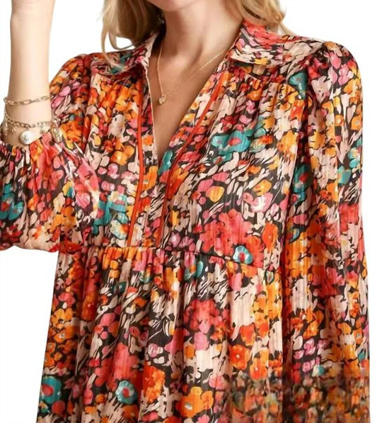 Umgee - V-neck Metallic Floral Print Dress