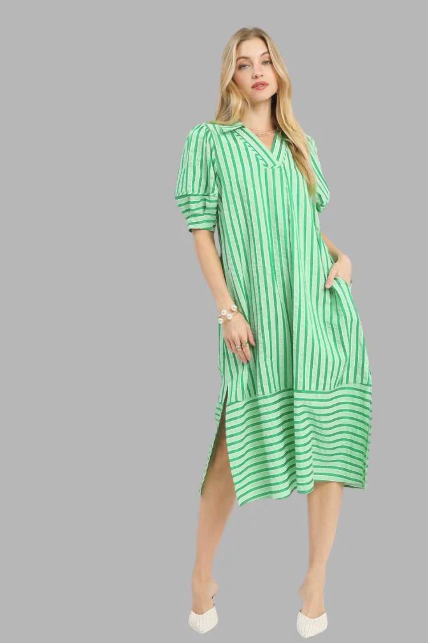 Umgee - Striped Puff Sleeve Midi Dress
