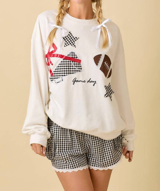 Main Strip - Football Game Day Patchwork Long Sleeve Crewneck Top