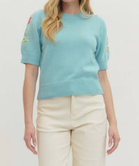entro Puff Sleeve Embroidered Knit Top in seabreeze - women's blouse