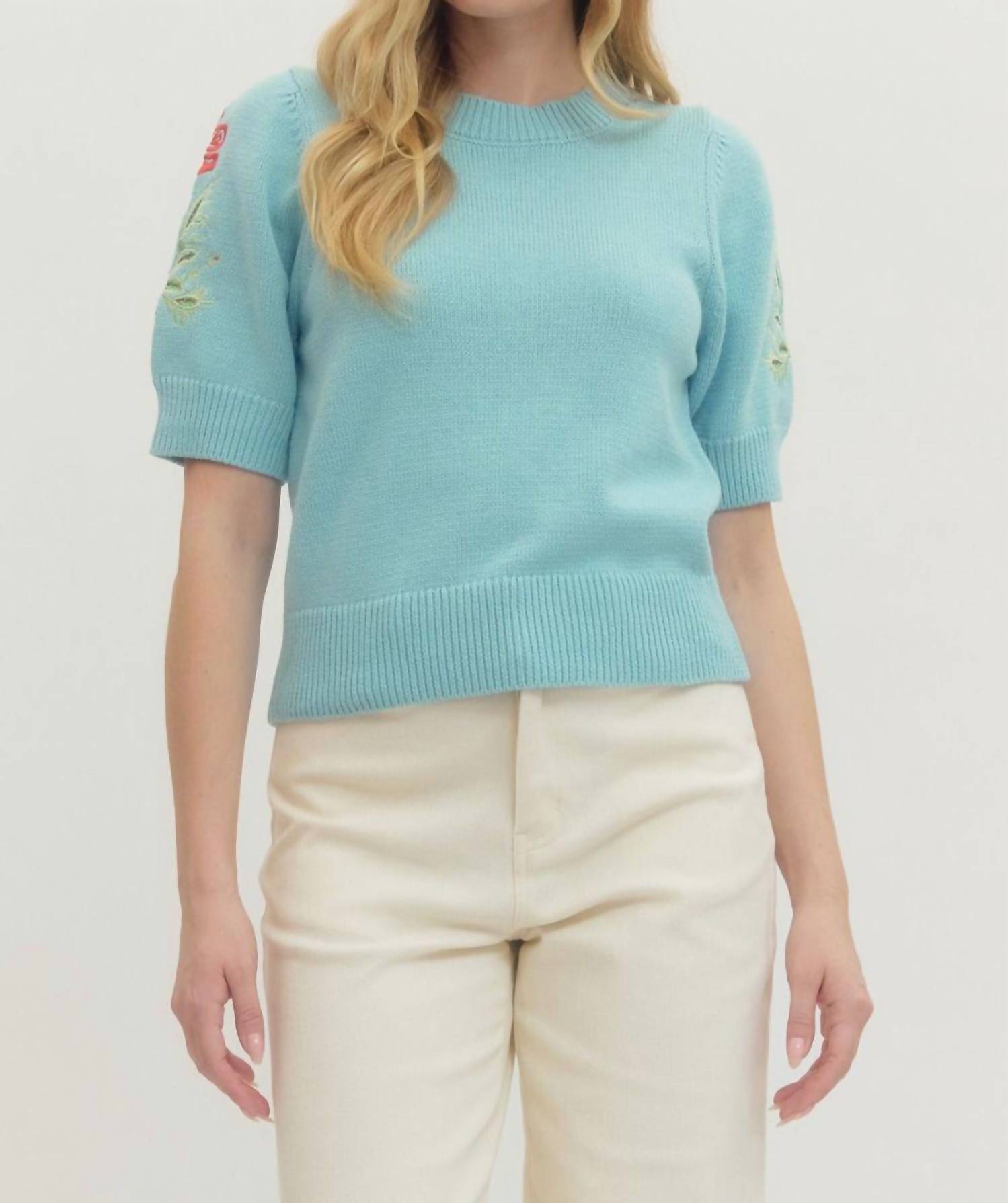 entro Puff Sleeve Embroidered Knit Top in seabreeze - women's blouse