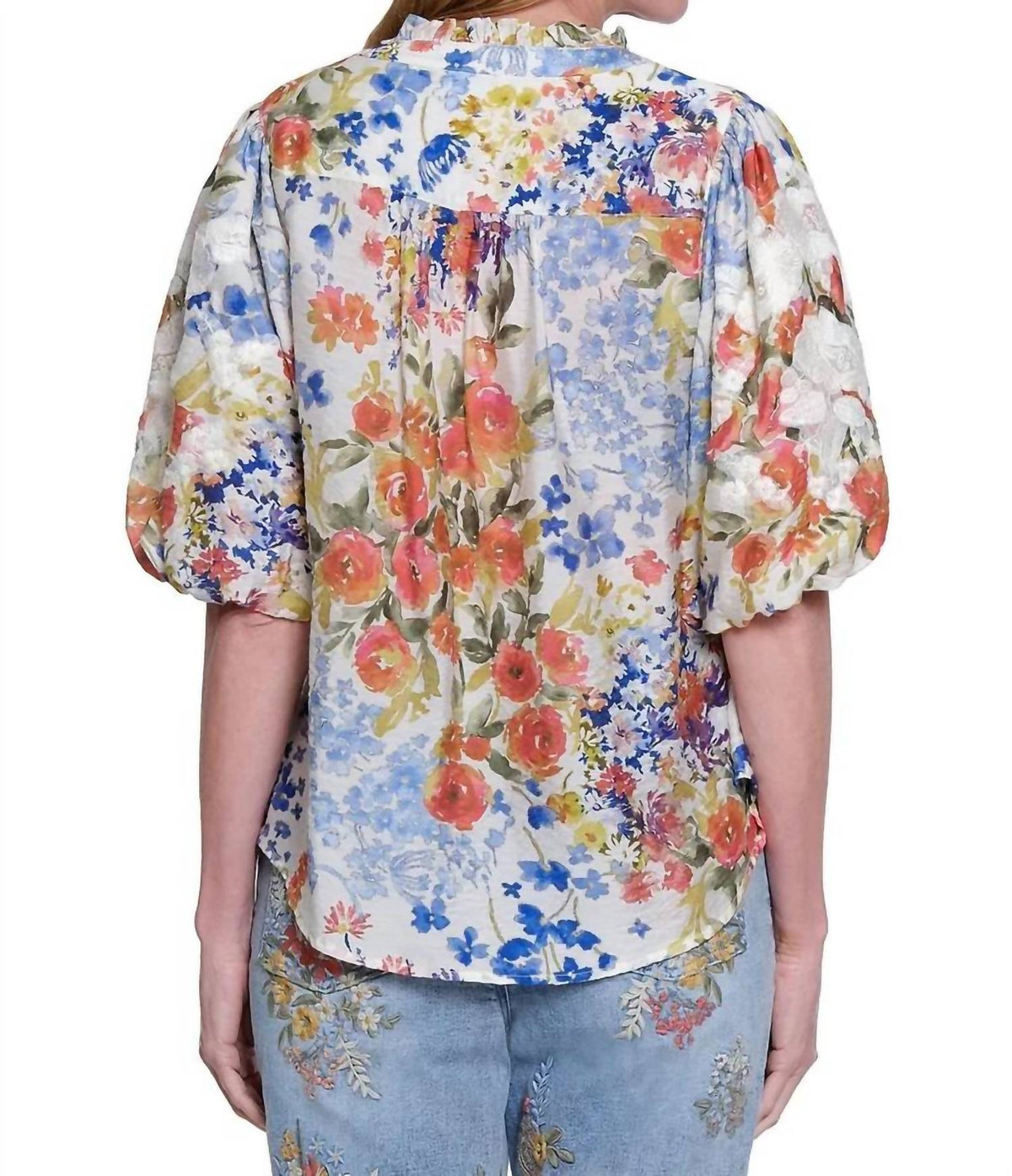 John Mark - Button Front Blouse With Puff Sleeves