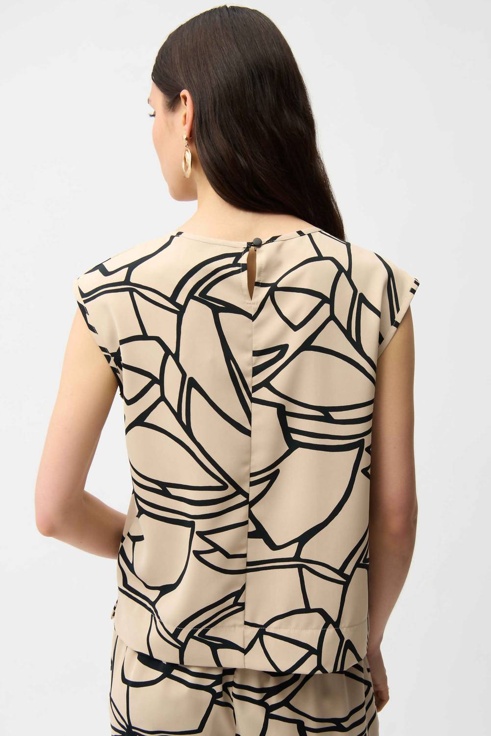 Joseph Ribkoff Recycled Woven Abstract Print Boxy Top in beige black - women's blouse - view 4